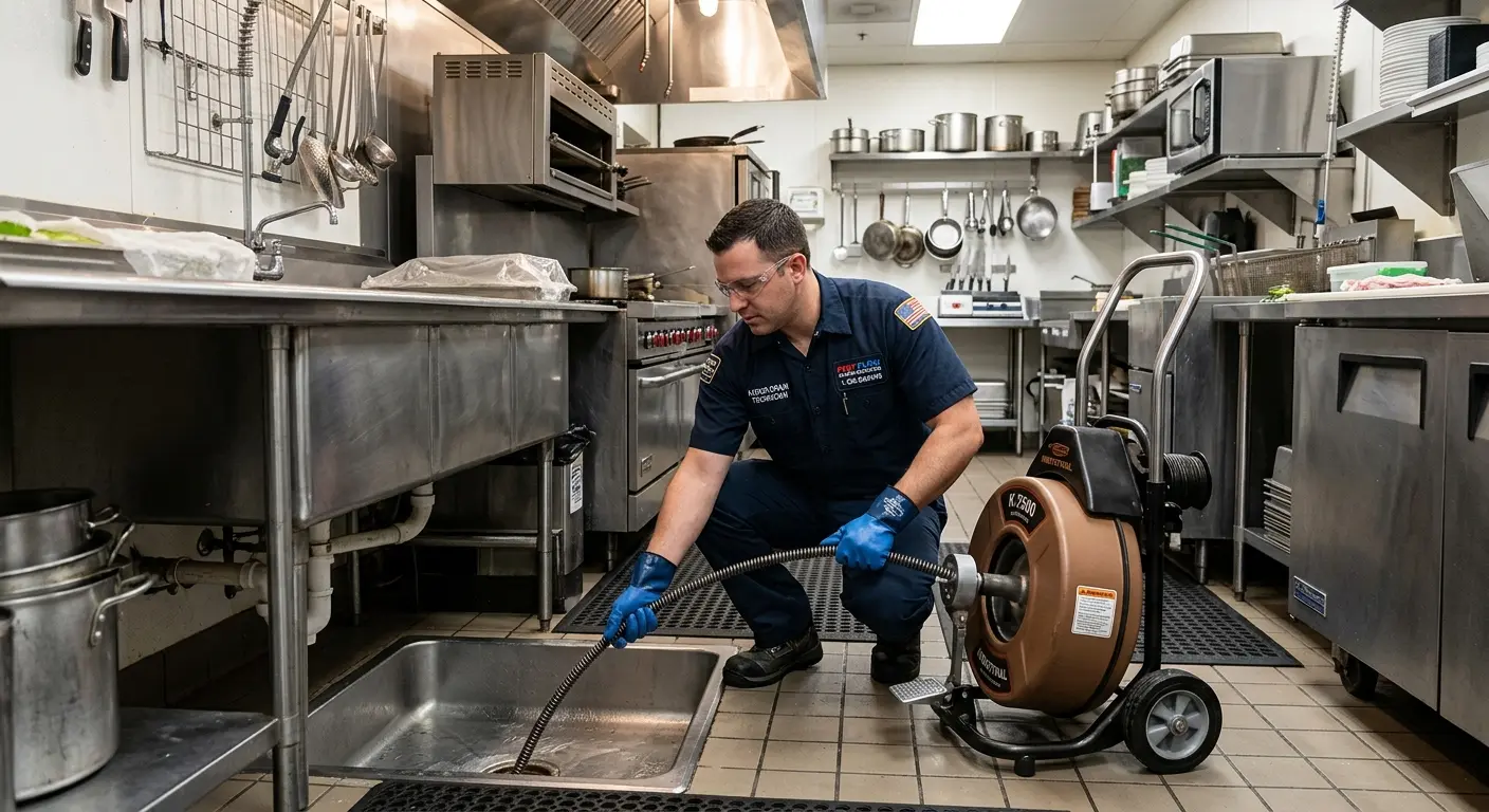 Commercial drain cleaning service in a restaurant kitchen in Clear Lake
