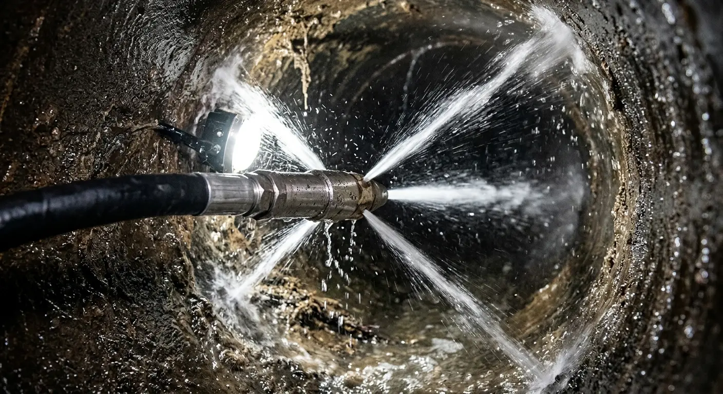 High-pressure hydro jetting nozzle cleaning sewer pipe for Sewer Cleanout in Clear Lake