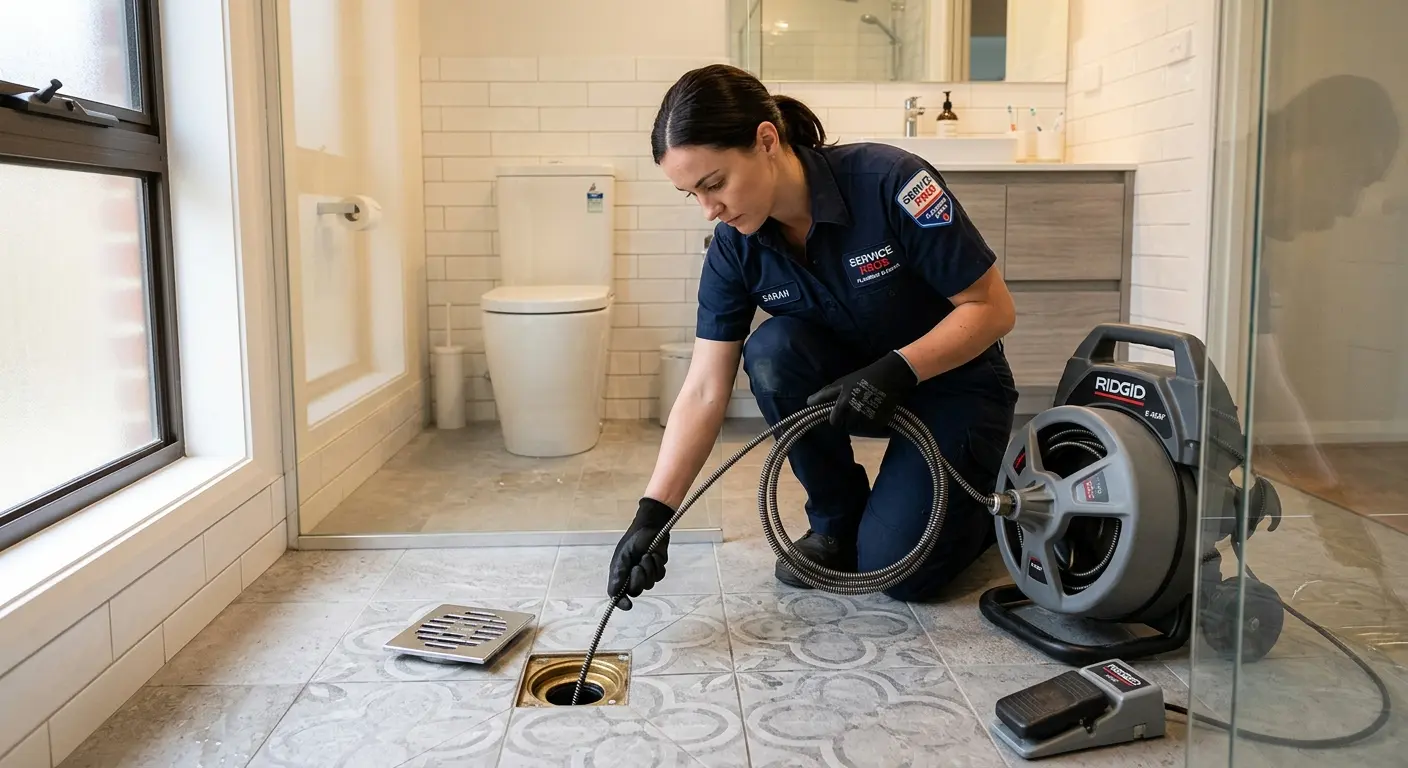 Technician clearing a bathroom floor drain for Sewer Line Installation in Clear Lake